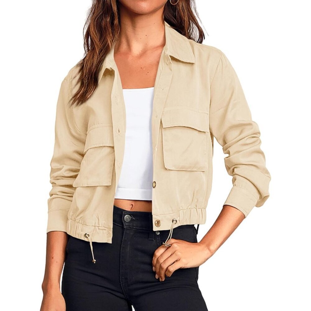 Women's Cream Military Safari Cropped Jackets Button Down Lightweight Oversized